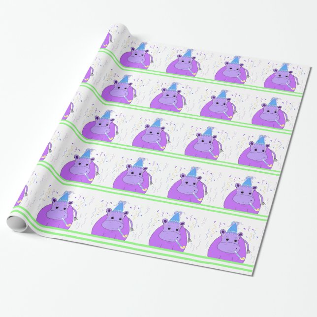 Papier Cadeau Conception d'anniversaire d'hippopotame violet (Déroulé)