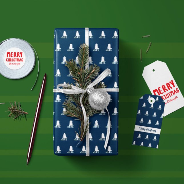 Papier Cadeau Conception d'arbre de Noël bleu foncé et blanc (Créateur téléchargé)