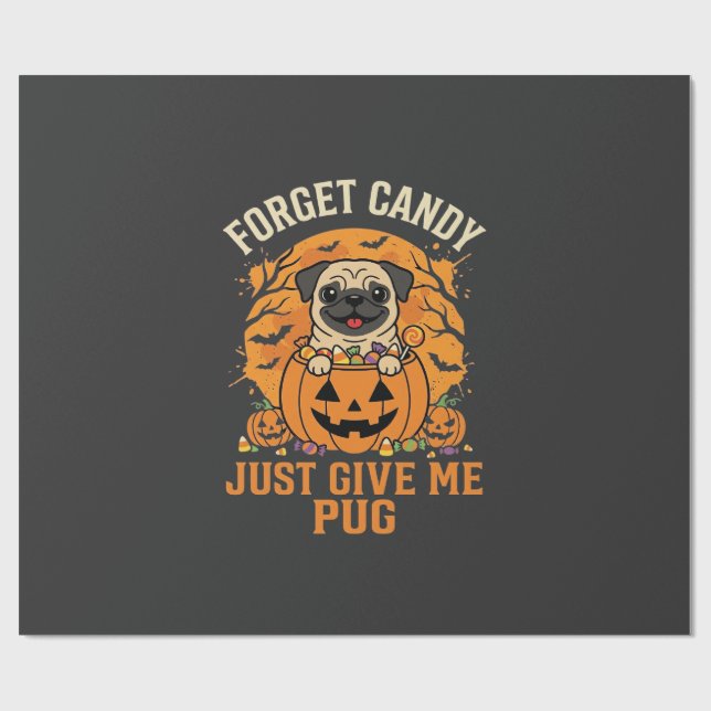 Papier Cadeau Conception de bonbons drôle de Pug Halloween_1 (Plat)