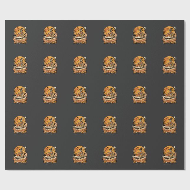 Papier Cadeau Conception de citrouille de sorcière de squelette  (Plat)