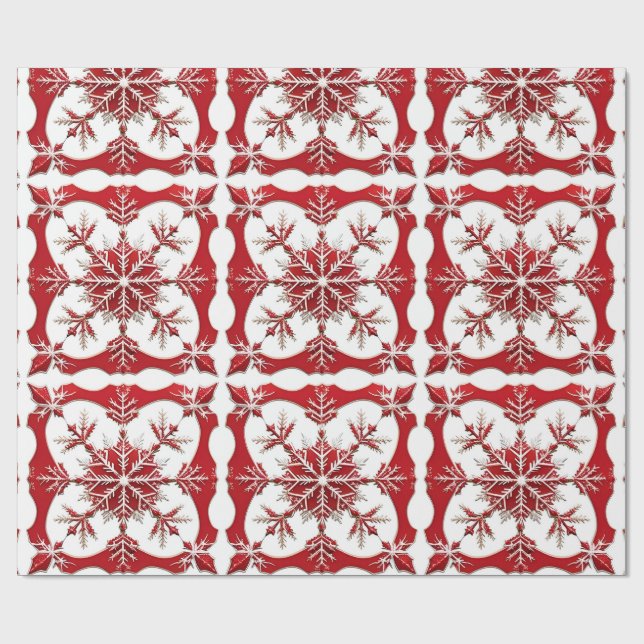 Papier Cadeau Conception de flocon de neige rouge complexe  (Plat)