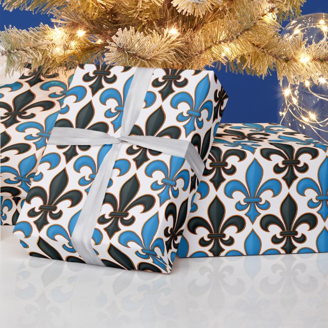 Papier Cadeau Conception de motif baroque fleur de lis noir bleu (Créateur téléchargé)