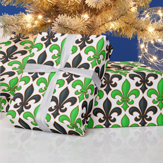 Papier Cadeau Conception de motif baroque fleur de lis noir vert (Créateur téléchargé)