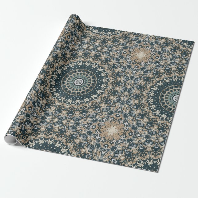 Papier Cadeau Conception de motif mandala sarcelle et beige (Déroulé)