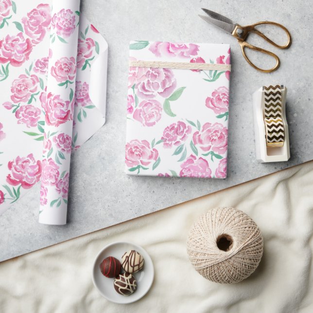 Papier Cadeau Conception de pivoines roses à l'aquarelle (Artisanat)