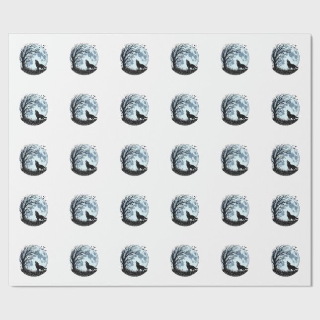 Papier Cadeau Conception de silhouette d'arbre de lune hurlant l (Plat)