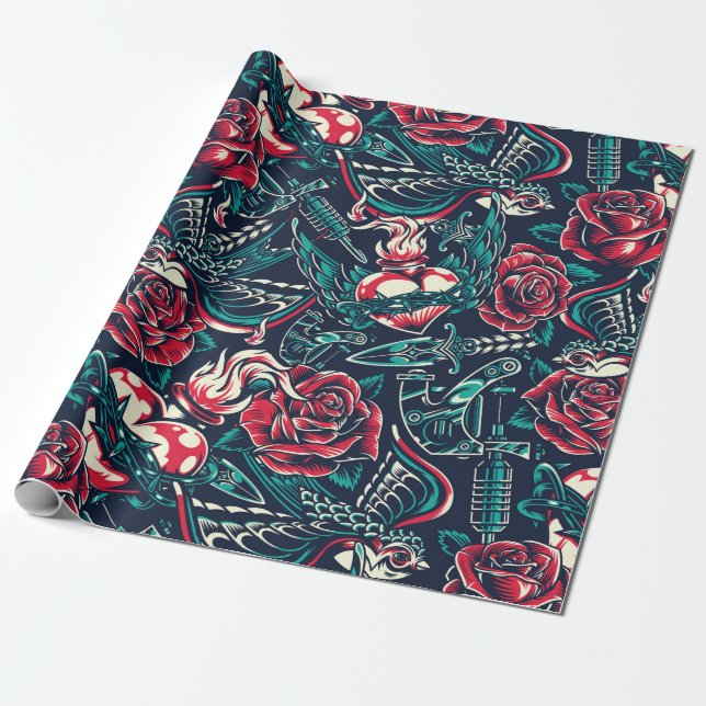 Papier Cadeau Conception de tatouage rétro (Déroulé)