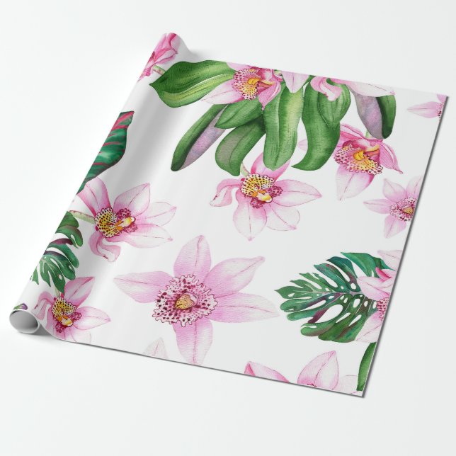 Papier Cadeau Conception d'orchidées à l'aquarelle 30  (Déroulé)