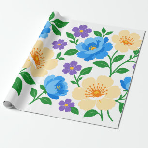 Papier Cadeau Conception florale avec des fleurs bleues, crème e