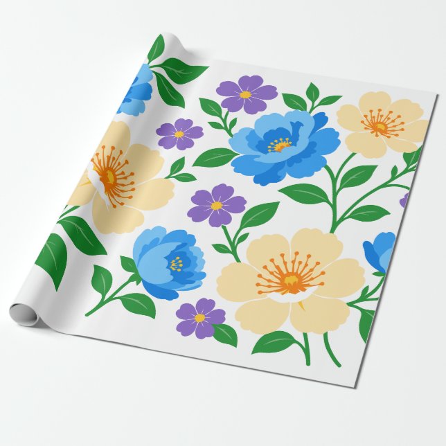 Papier Cadeau Conception florale avec des fleurs bleues, crème e (Déroulé)
