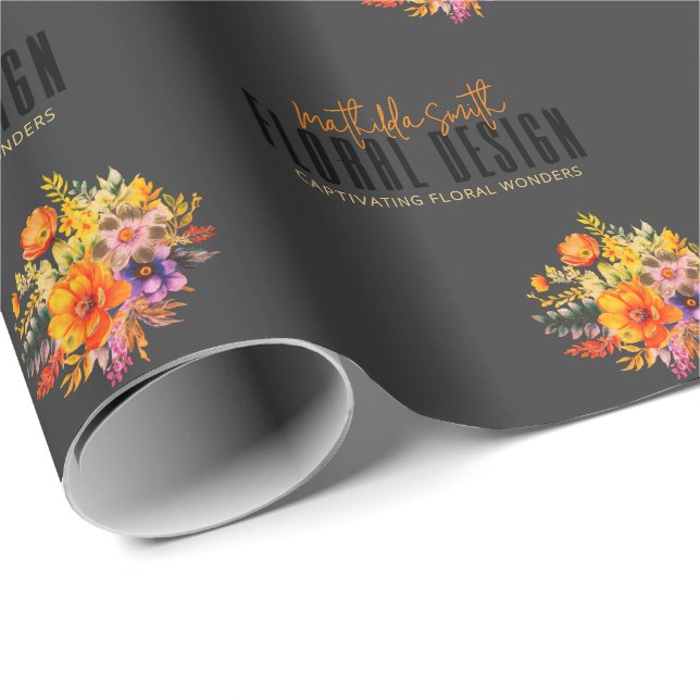 Papier Cadeau Conception Florale Sophistiquée Fleurs Noir Orange (Coin rond)