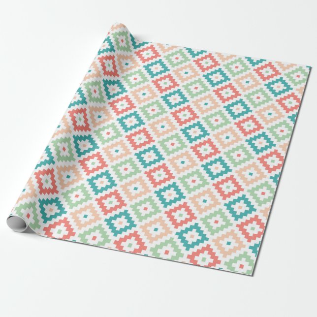 Papier Cadeau Conception géométrique en corail et sarcelle (Déroulé)