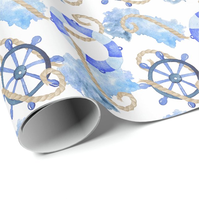 Papier Cadeau Conception nautique d'aquarelle bleue avec (Coin rond)