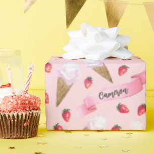 Papier Cadeau Cône de crème glacée de fraise personnalisée rose 
