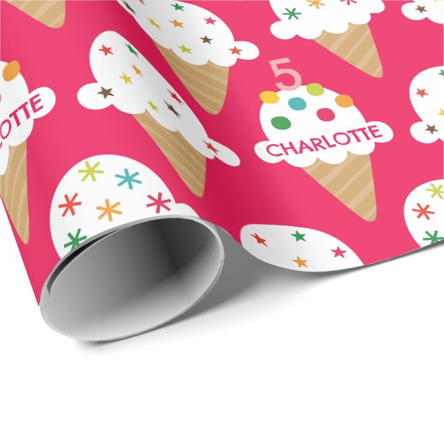 Papier Cadeau Cône de Glace Rose Clair Anniversaire (Coin rond)