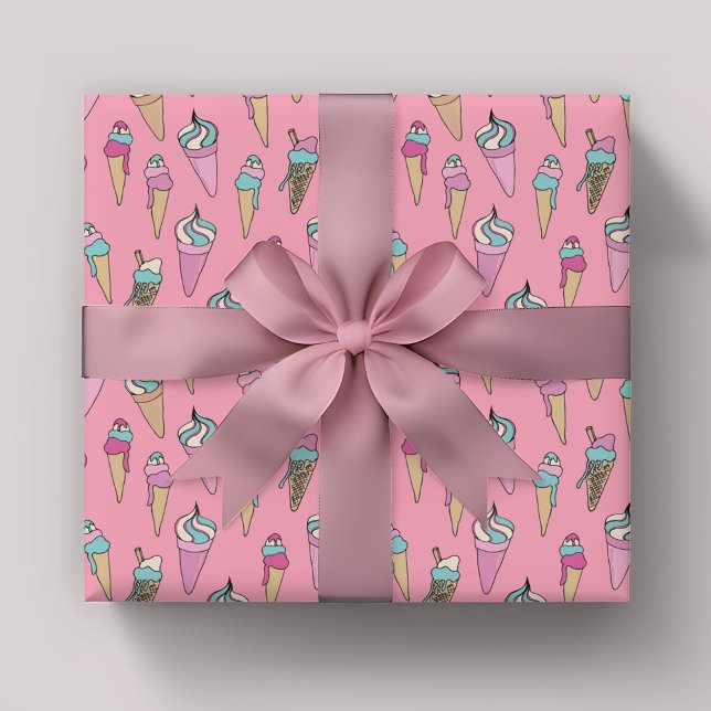 Papier Cadeau Cône de glace rose motif de cadeau (Ice Cream pattern girls wrapping paper)