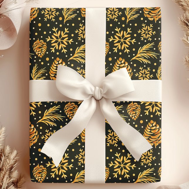 Papier Cadeau Cône de pin rustique doré Vert Noël Christmas (Créateur téléchargé)