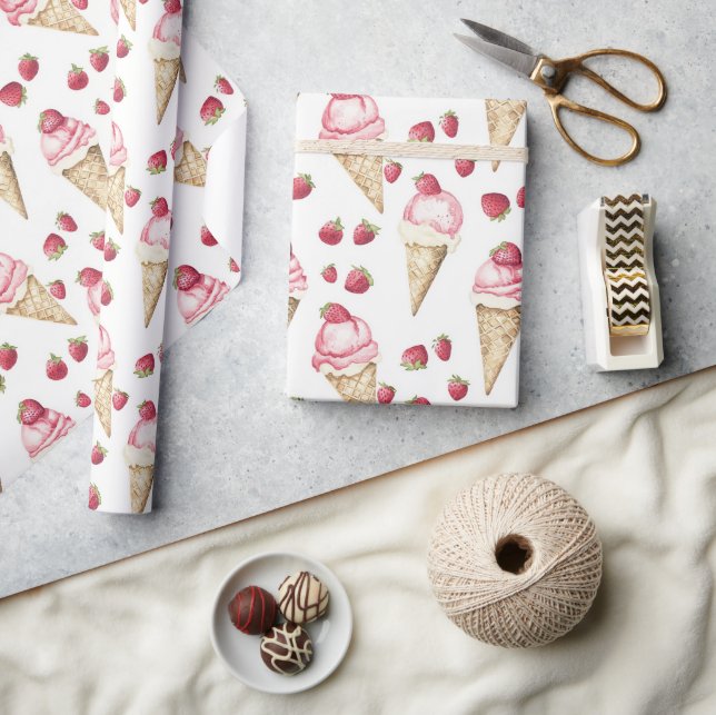 Papier Cadeau Cônes de glace aux fraises Anniversaire (Artisanat)