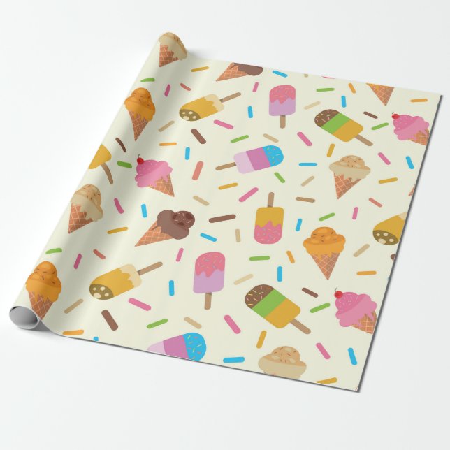 Papier Cadeau Cônes de glace et sucettes glacées avec paillettes (Déroulé)
