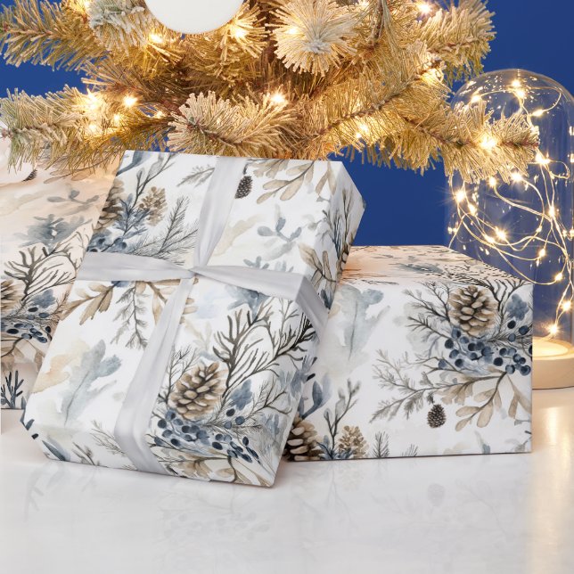 Papier Cadeau Cônes de pin bleus de Noël   (Vacances)