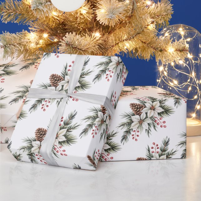 Papier Cadeau Cônes de pin de Noël Branches fleurs houx baie (Vacances)