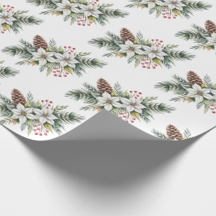 Papier Cadeau Cônes de pin de Noël Branches fleurs houx baie