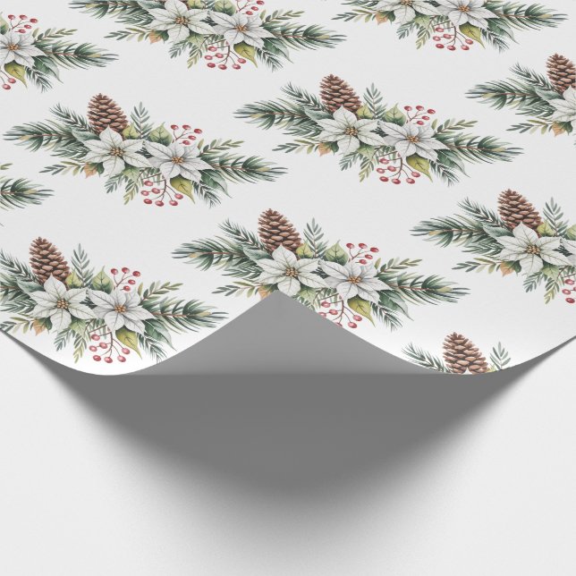 Papier Cadeau Cônes de pin de Noël Branches fleurs houx baie (Coin)