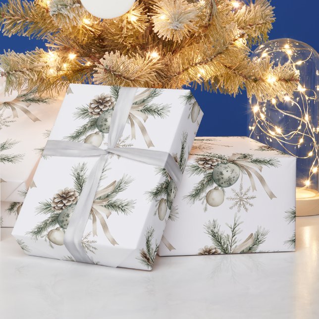 Papier Cadeau Cônes de pin Ornements Vert Crème Noël (Vacances)