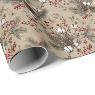 Papier Cadeau Cônes de pin rustiques, brins de coton et baies ro