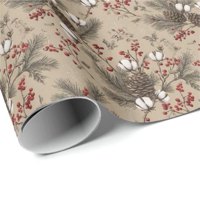 Papier Cadeau Cônes de pin rustiques, brins de coton et baies ro (Coin rond)