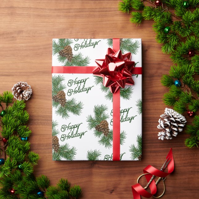 Papier Cadeau Cônes de pin saisonniers classiques Vœux de joyeus (Cadeau de vacances)