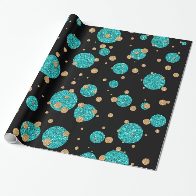Papier Cadeau Confetti Point Bleu Sarcelle et Or (Déroulé)