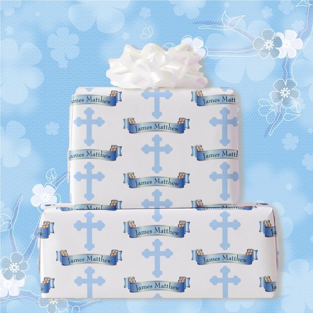Papier Cadeau Confirmation ou baptême Nom du garçon Croix Bleue (Créateur téléchargé)