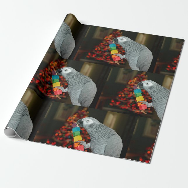 Papier Cadeau Congo African Grey Parrot Joyeux sapin de Noël (Déroulé)