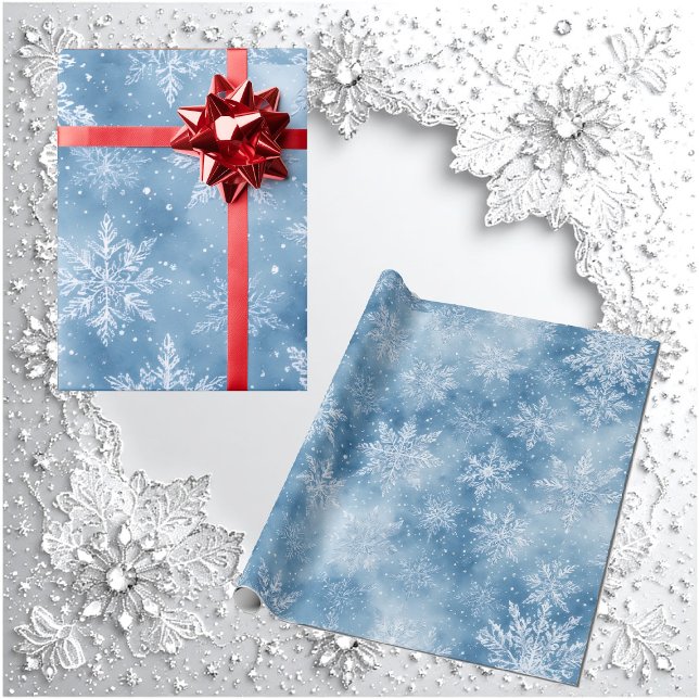 Papier Cadeau Conte de fées Hiver Bleu Glace Flocons de Neige Ge (Ice Blue Fairytale Winter Silver Snowflakes Frost Wrapping Paper)