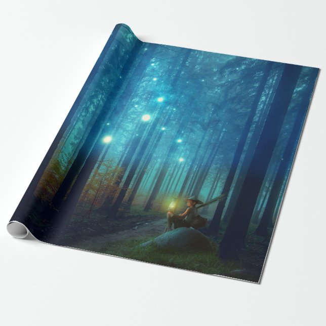 Papier Cadeau Conte de fées magique d'arbres forestiers de nuit (Déroulé)