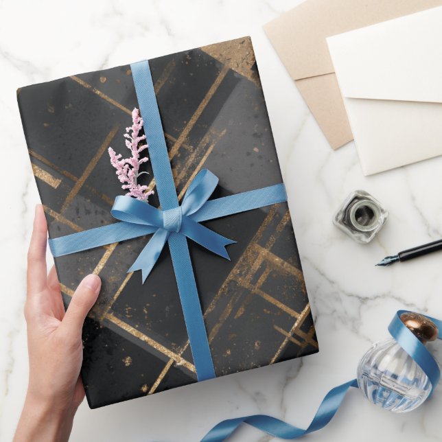 Papier Cadeau Contemporary Black Gold Geometric Abstract Pattern (Cadeaux)