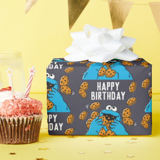 Papier Cadeau Cookie Monster mangeant tous les cookies (Fête d'anniversaire)
