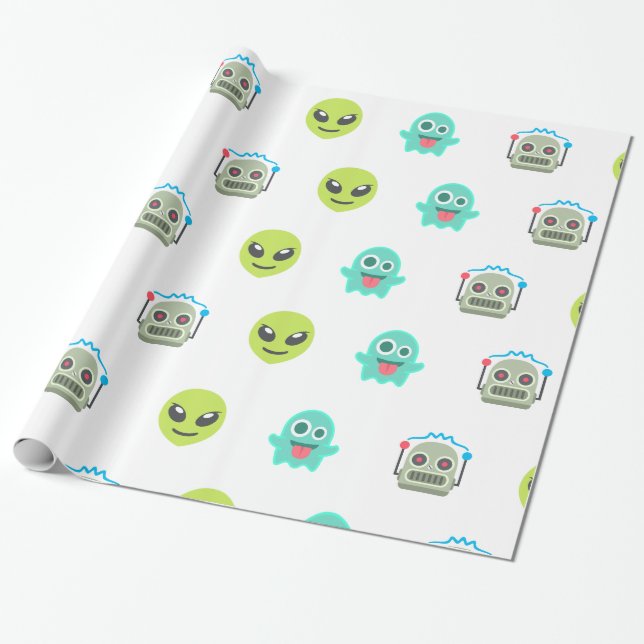 Papier Cadeau Cool Emoji Alien Ghost Robot Face Motif (Déroulé)