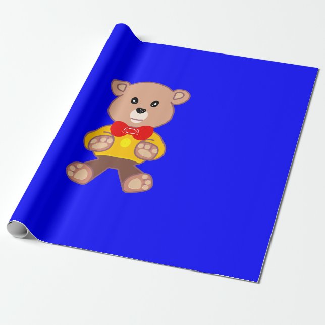 Papier Cadeau Cool mignonne petit Bowtie Teddy Bear sur bleu (Déroulé)