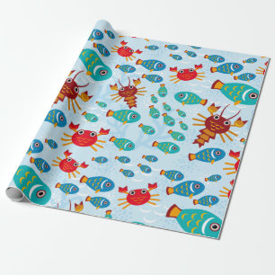 Papier Cadeau Cool Ocean Marine Life Fish and Crab Blue