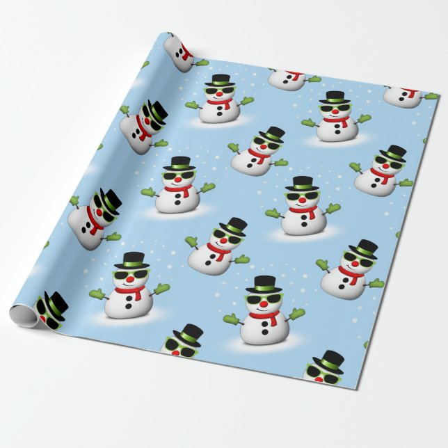 Papier Cadeau Cool Snowman Noël motif bleu hiver (Déroulé)