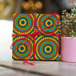 Papier Cadeau Cool tendance bleu rouge jaune Mandala Tribal Ethn