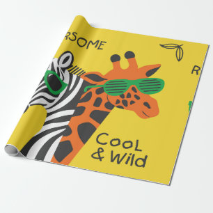 Papier Cadeau Cool zèbre et girafe portant des lunettes sur jaun