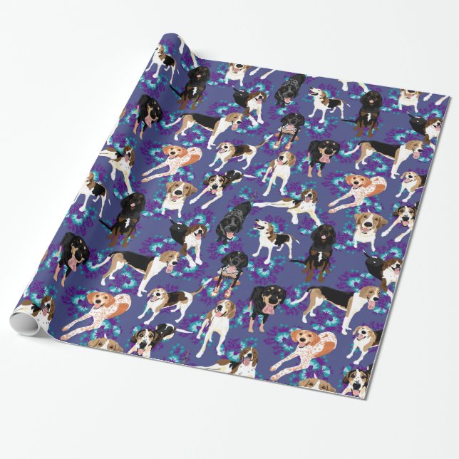 Papier Cadeau Coonhound floral (bleu) (Déroulé)