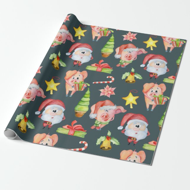 Papier Cadeau Coordination du Motif de porc de Noël (Déroulé)