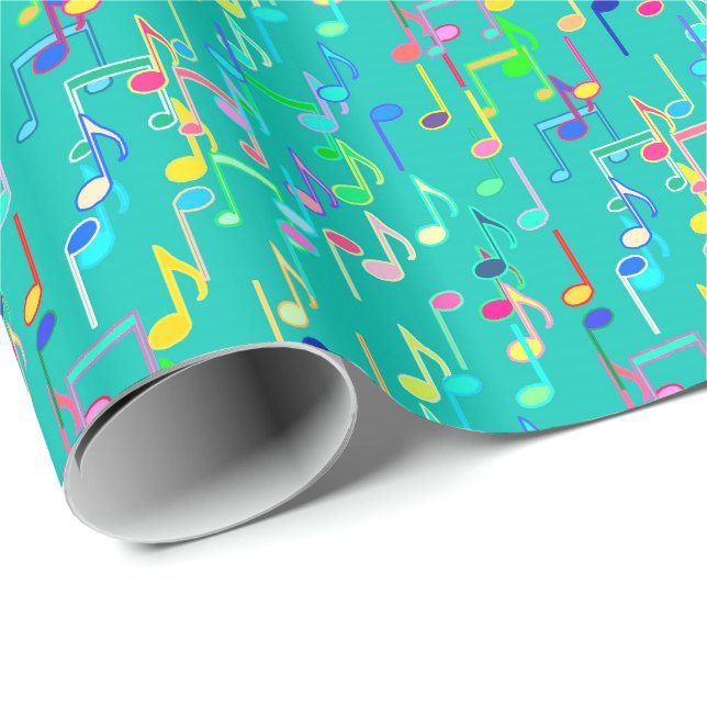 Papier Cadeau Copie de notes musicales - turquoise, multi (Coin rond)