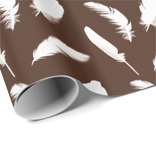 Papier Cadeau Copie de plume blanche sur brun chocolat (Coin rond)