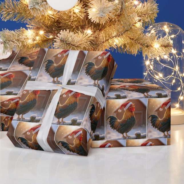 Papier Cadeau Coq de Noël chantant sur une clôture enneigée (Vacances)