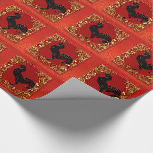 Papier Cadeau Coq noir chinois Zodiac animal rouge et or
